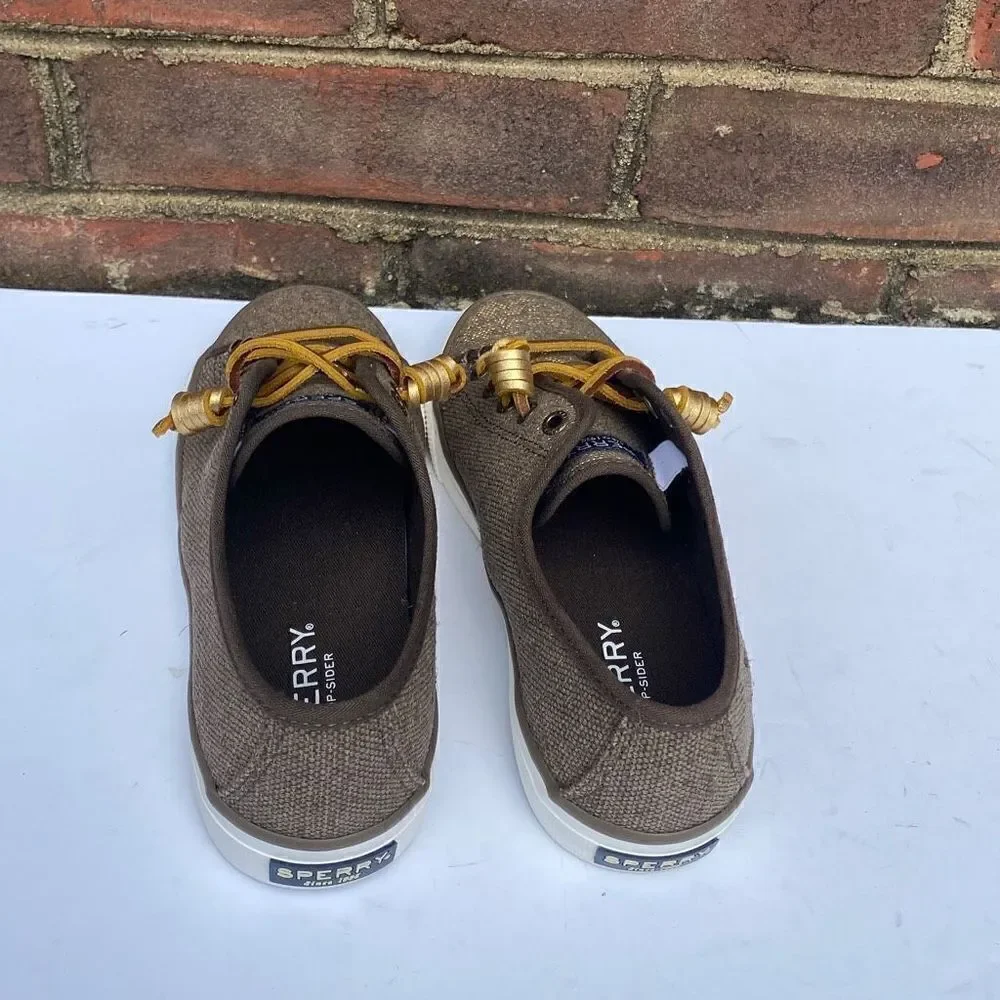 Sperry Top Sider Taupe & Gold Sparkle Seacoast Canvas Sneakers Size 5.5 NEW